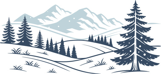 Fototapeta premium Winter landscape vector illustration with snow-covered mountains and evergreen pine trees