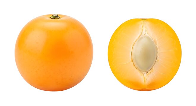 Whole and half sliced yellow mombin fruit (Spondias mombin) isolated on white background