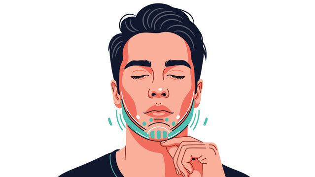 Illustration of a man with eyes closed performing a facial exercise or massage technique to firm the chin and jawline.