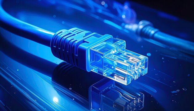 Close-up of a blue network cable connector on a reflective surface