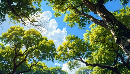 Fototapeta premium Looking up through lush green tree canopy towards a bright blue sky