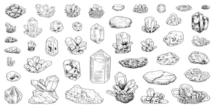Collection of Hand- Drawn Crystal and Rock Illustrations in Sketch Style Keywords: crystals, rocks, minerals, gemstones, geology