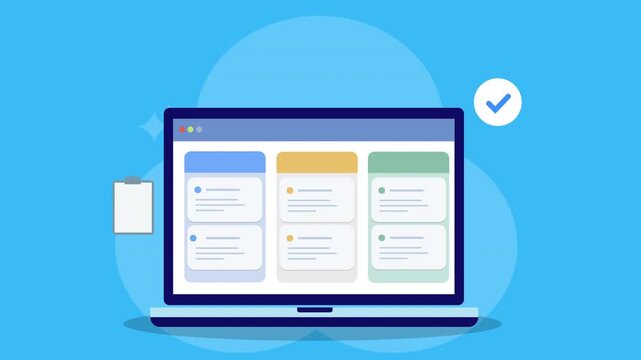 Flat vector animation of laptop dashboard with document and approval checkmark icon representing task completion, workflow verification, and digital business management.