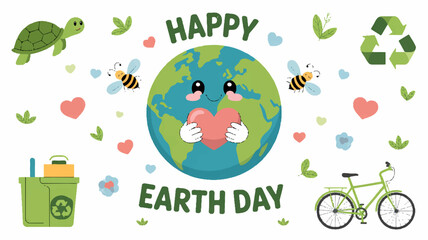Earth day illustration with cartoon globe holding heart surrounded by eco friendly symbols and icons