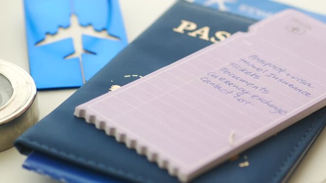 Travel checklist on purple notepad placed over blue passport with airplane stencil and compass