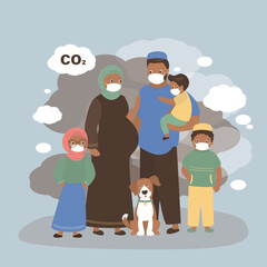 Naklejka premium Arabic parents with children standing in smog. Group of muslim people wearing face masks for air pollution fumes as protection against respiratory problems. Carbon emissions