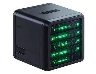 Obraz premium Cube-shaped black server, with visible green lights in the rack