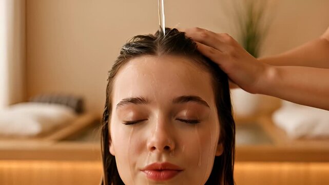 Close-up of a serene woman receiving a luxurious and relaxing therapeutic head treatment at a tranquil wellness spa, with soothing liquid flowing over her wet hair for deep care