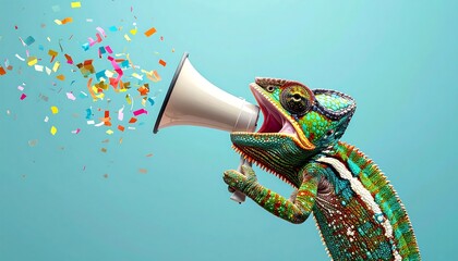 Vibrant chameleon shouts through a megaphone amidst a burst of colorful confetti against a serene cyan backdrop