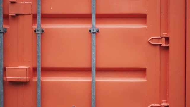 Red shipping container doors close up showing metal locking bars and hinges in industrial harbor setting