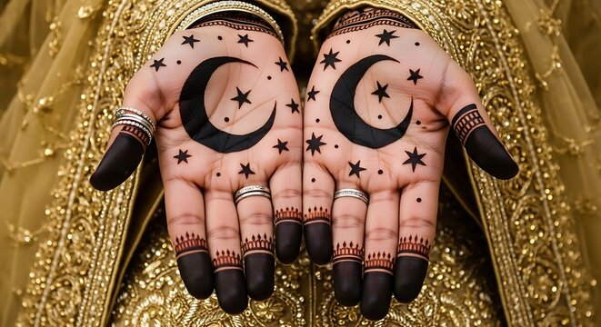 Woman hands with traditional Arabic henna tattoo designs on palms and long black nails