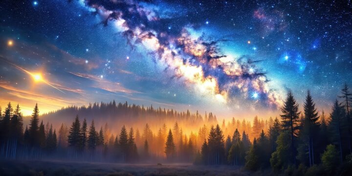 Enchanted Forest Under a Celestial River of Stars and a Radiant Sunrise