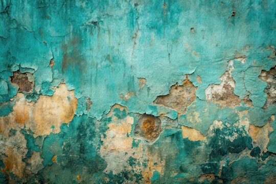 Abstract Teal and Ochre Wall Texture with Peeling Paint and Aged Surface