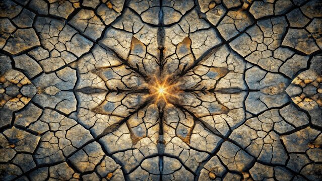 Arid Land Mandala  Intricate Pattern of Dried Earth Cracks Forming a Symmetrical Design with Central Radiating Light