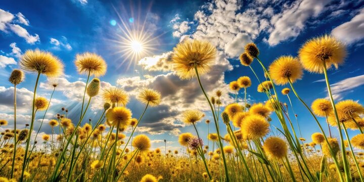 Sunlit Meadow of Fluffy Yellow Flowers Reaching for a Bright Sky