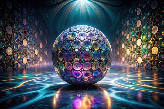 A mesmerizing sphere of vibrant concentric circles rests on a reflective surface, surrounded by walls of similarly patterned orbs, illuminated by an ethereal glow.