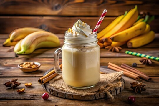 Creamy Banana Smoothie with Whipped Cream and Spices in a Mason Jar