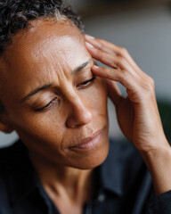 Fototapeta premium This image captures a woman in a moment of contemplation, highlighting her emotional depth and the complexity of human experiences like stress and introspection.