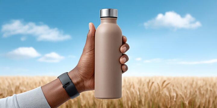 Hand holding blank beige aluminum can mockup over wheat field and blue sky, beverage packaging design template