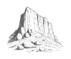 Black and white of a large cliff face with rocks and trees mountain nature monochrome © Mehedy