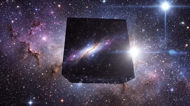 A galaxy appears within a dark cube floating against a starry nebula