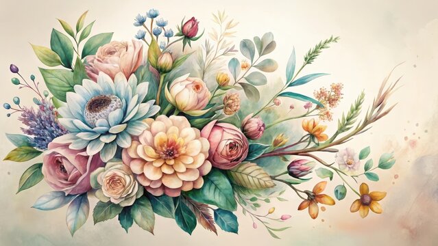 A Luxurious Watercolor Painting of a Vibrant Floral Arrangement Featuring Delicate Roses, Dahlias, and Other Exquisite Blooms in a Soft Pastel Palette