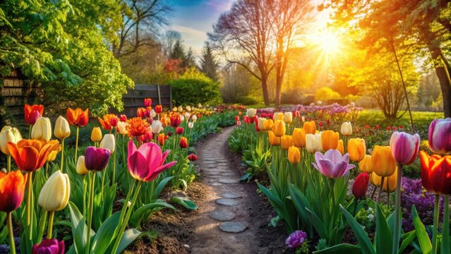 A sunlit garden path meanders through vibrant rows of colorful tulips, bathed in the warm glow of the setting sun, creating a picturesque springtime scene.