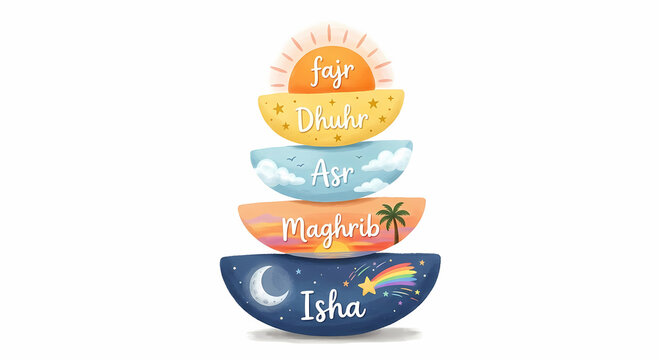 Five Daily Islamic Prayer Times Illustration - Fajr Dhuhr Asr Maghrib Isha