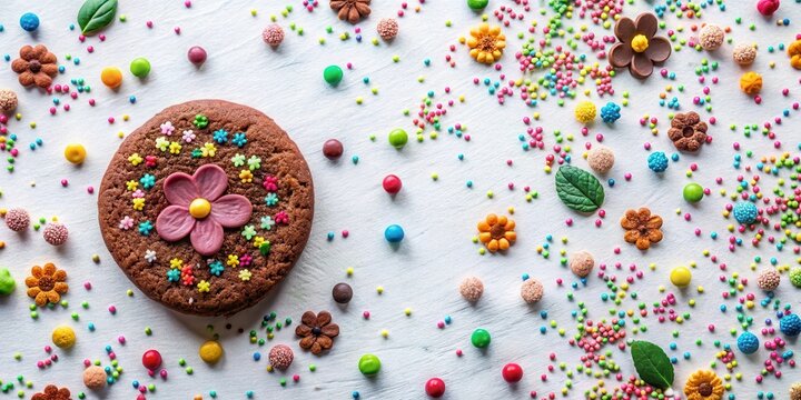 A delightful chocolate cookie adorned with vibrant sugar flowers and encircled by a scattering of colorful sprinkles and candy
