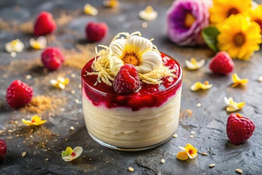 Gourmet Raspberry Dessert with Creamy Layers and Delicate Flower Garnish