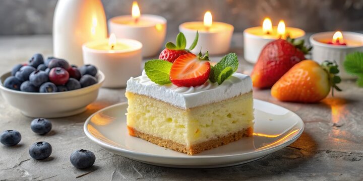 A delightful slice of creamy vanilla cake, adorned with fresh strawberries and mint, rests on a plate, illuminated by the warm glow of candlelight, creating a serene and inviting ambiance.