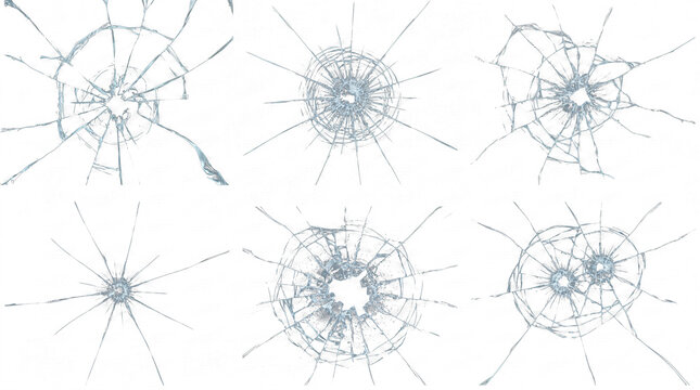 collection of six detailed cracked glass textures with radial fractures on black, high-contrast imagery.