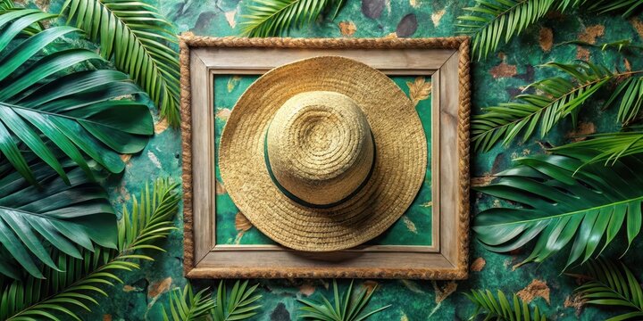 Summer straw hat in a rustic frame surrounded by lush tropical foliage