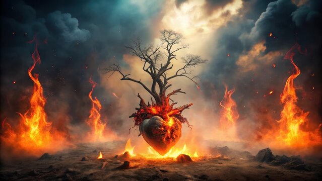 A fiery heart, consumed by flames, sustains a barren tree amidst a desolate, smoke-filled landscape.