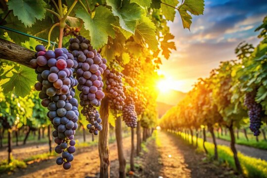 Golden Hour Grapes Hanging Heavy on Vine in Vineyard Rows at Sunset