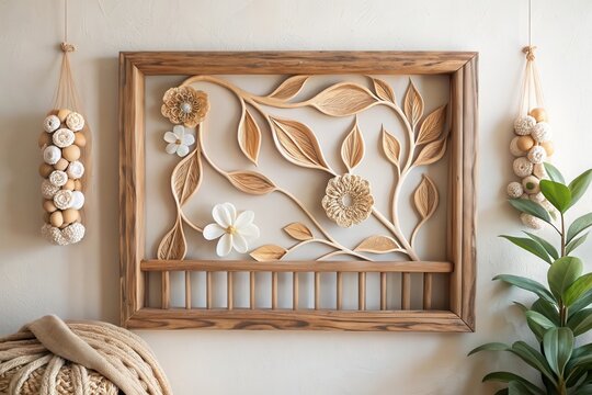 Intricate Wooden Floral Wall Art with Delicate Hanging Ornaments and Lush Greenery