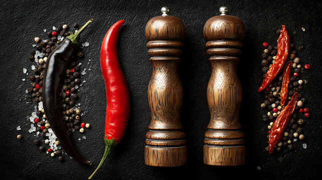 A strategic game of salt and pepper pieces mimics a wooden chess competition with spice mill kings and white pawn objects isolated on a dark table