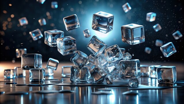 Frozen Cubes Cascade  A Stunning Display of Icy Translucence and Dynamic Motion