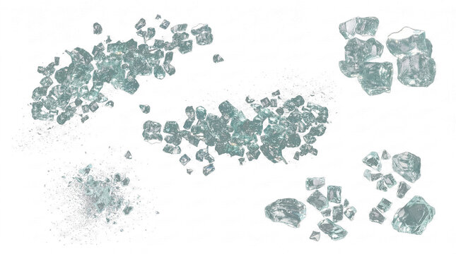 detailed 3d render of shattered ice fragments and small particles, intricately arranged on a stark black backdrop, emphasizing sharp edges and cool blue-green hues.