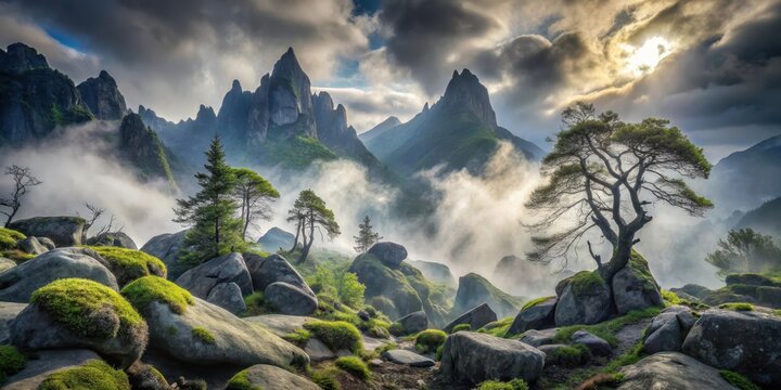 Serene Mountain Vista Majestic Peaks Enveloped in Misty Dawn, Solitary Trees Adorn Rocky Outcroppings