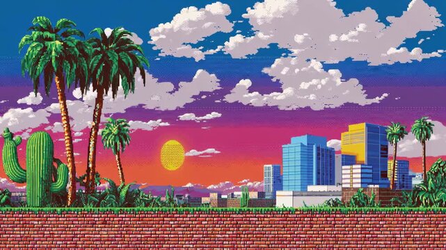 Retro 8-bit pixel art city landscape with sunset and palm trees 4k video