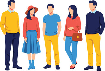 Diverse group of young people standing together, men and women in colorful casual fashion outfits illustration isolated white background
