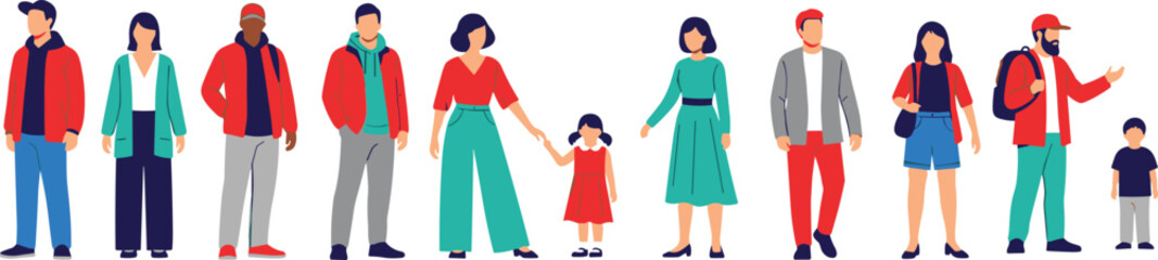 Diverse multicultural group of people standing together, men women children family community flat vector illustration, inclusive society crowd isolated on white background