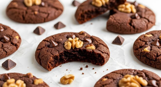 Delicious chocolate walnut cookies, freshly baked and ready to enjoy, with a perfect bite taken out of one cookie