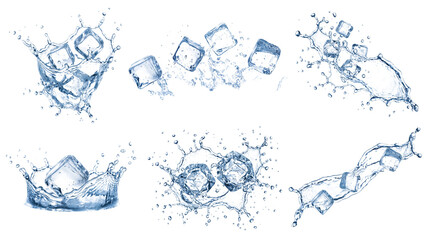 collection of energetic water splashes with ice cubes, captured mid-action against a transparent...