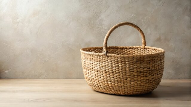 A large, intricately woven, light brown wicker basket with a sturdy handle sits on a light wood surface against a neutral textured backdrop
