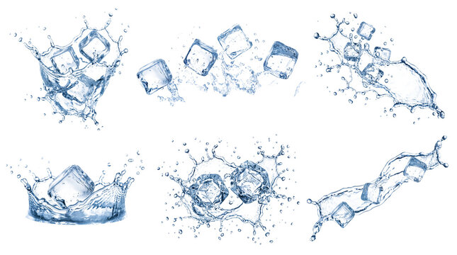 collection of energetic water splashes with ice cubes, captured mid-action against a transparent background for versatile design use, 3d render.