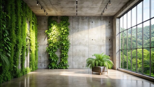 Modern Interior Design  Sunlit Room with Lush Vertical Gardens and Expansive Window View