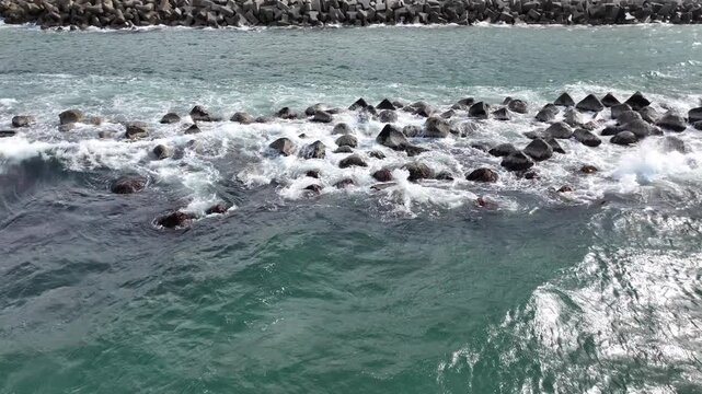 日本の富山湾沿岸で見つけた波に削られて水没しそうな離岸堤