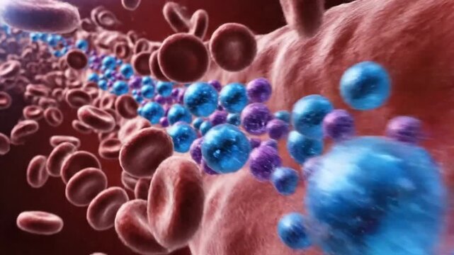 Microscopic view of blood cells and immune cells in the human body.
